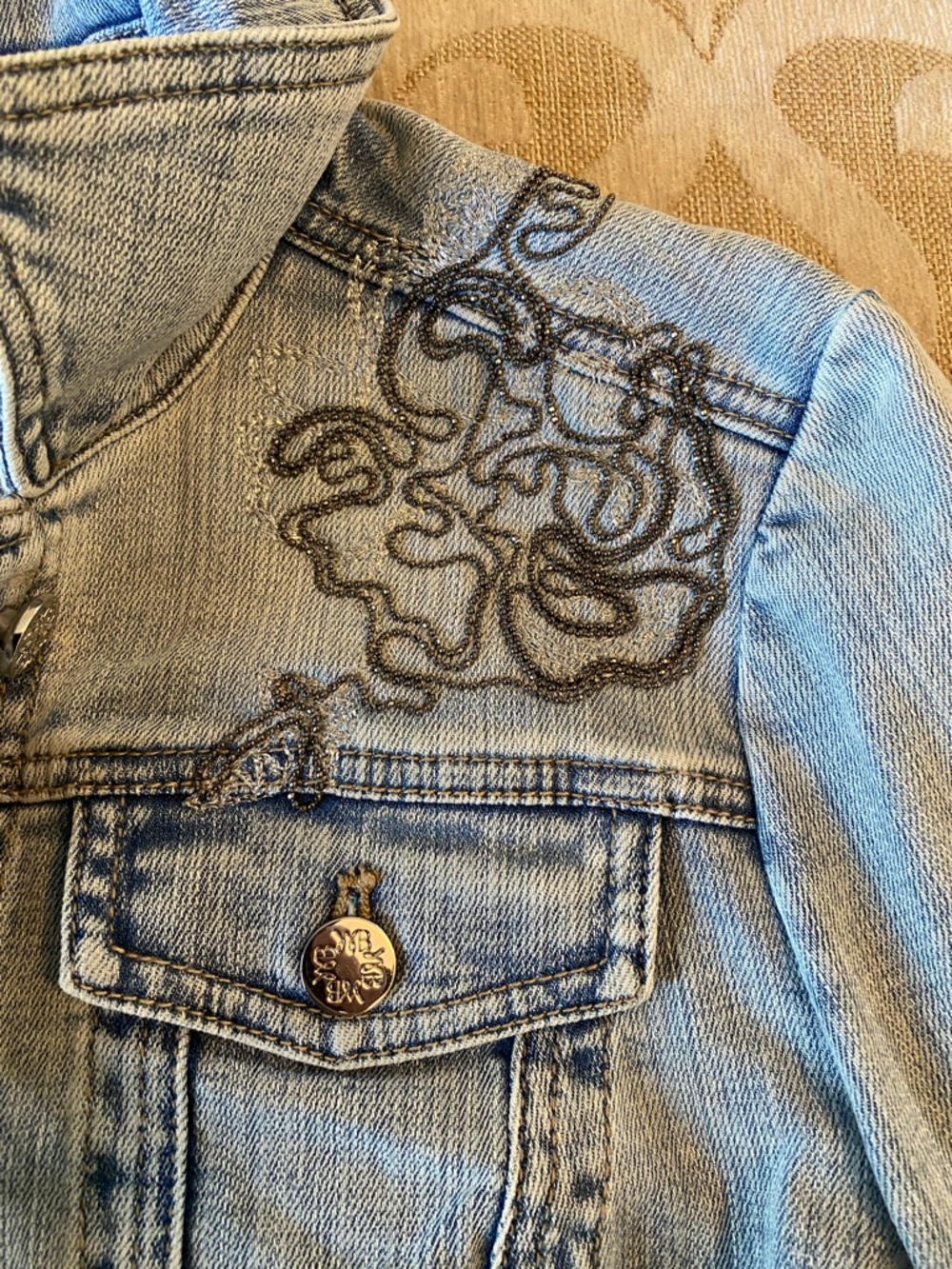 White House Black Market Embroidered Denim Jacket XS Belted Floral Detail - Picture 3 of 13